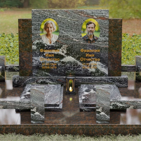 Комбинированный памятник-триптих с полировкой, гранит амфиболит, вид 2