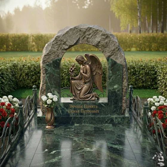 Мемориальная композиция с аркой и бронзовым ангелом, гранит Балтик грин