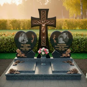 Элитный православный памятник из гранита и металла на двоих с крестом - ПН248