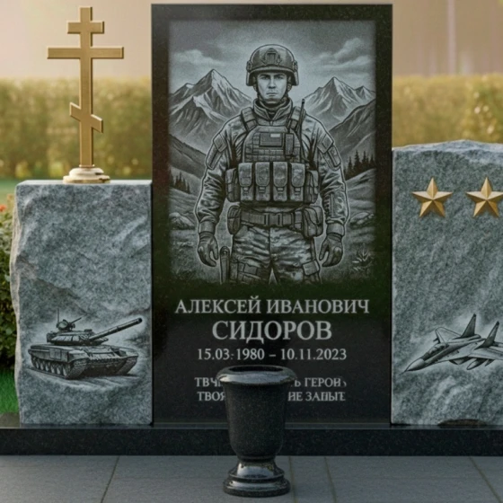 Гранитный памятник воину с православным крестом, гранит амфиболит