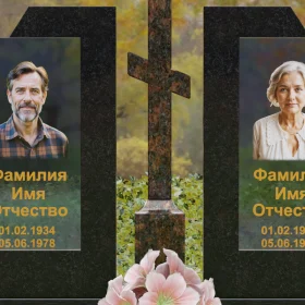 Горизонтальный памятник из гранита и стекла с крестом - П246