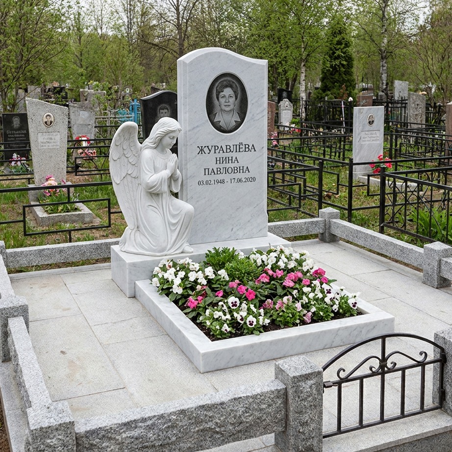 Пример дизайна: Резной памятник из белого мрамора в виде молящегося ангела — фото и цена