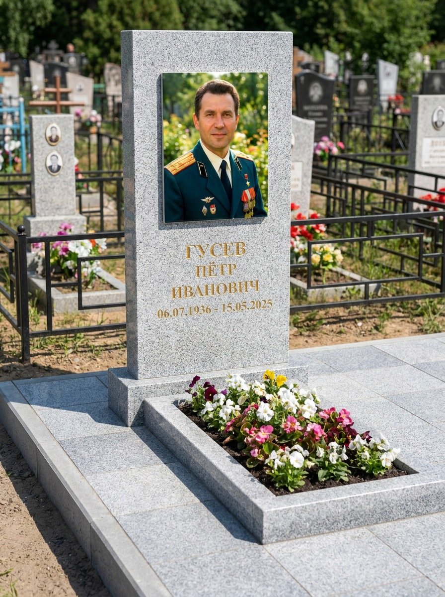 Портрет на памятнике в Магнитогорске — Прямоугольник на гранитной стеле, ФИО и даты на портрете